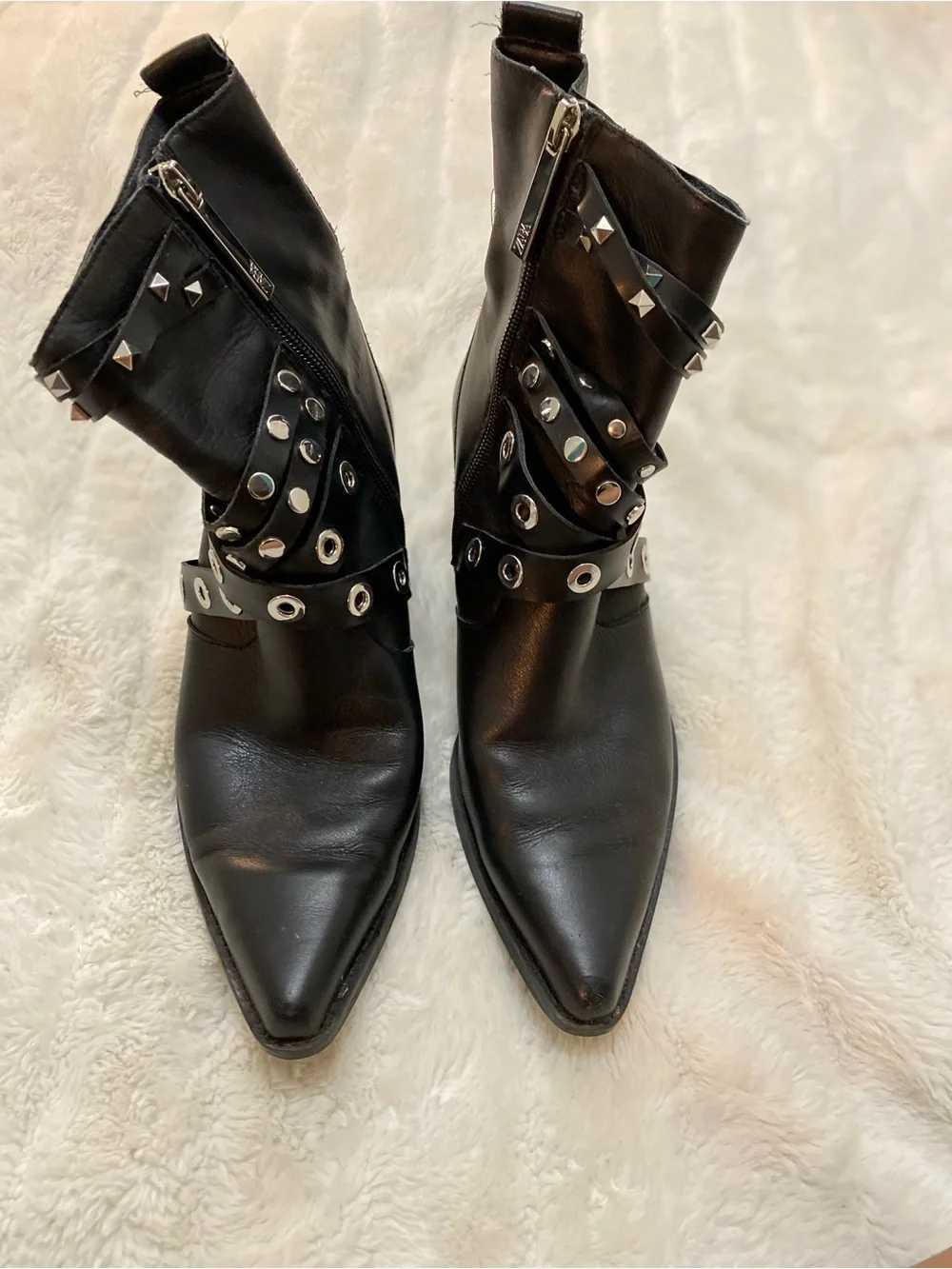 Zara Black Leather Studded Ankle Boots with Buckle Straps Size 8.5 (39)